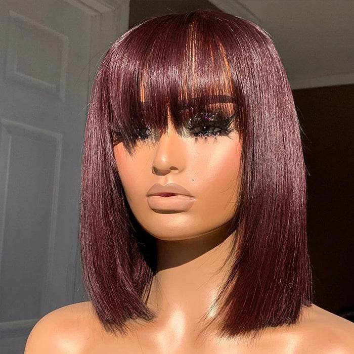 Short Bob Human Hair Wigs With Bang Full Machine Made Straight Bob Wig Brazilian Remy Human Hair Wigs For Black Woman 10 12 inch