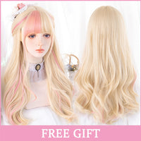 Cosplay Wig With Bangs Synthetic Straight Hair 24 Inch Long Heat-Resistant Pink Wig For Women