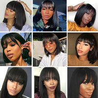 Short Bob Human Hair Wigs With Bang Full Machine Made Straight Bob Wig Brazilian Remy Human Hair Wigs For Black Woman 10 12 inch