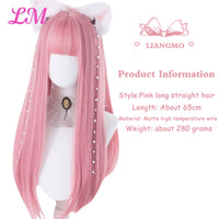 Cosplay Wig With Bangs Synthetic Straight Hair 24 Inch Long Heat-Resistant Pink Wig For Women