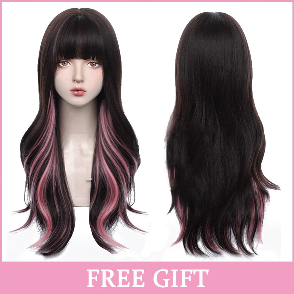 Cosplay Wig With Bangs Synthetic Straight Hair 24 Inch Long Heat-Resistant Pink Wig For Women