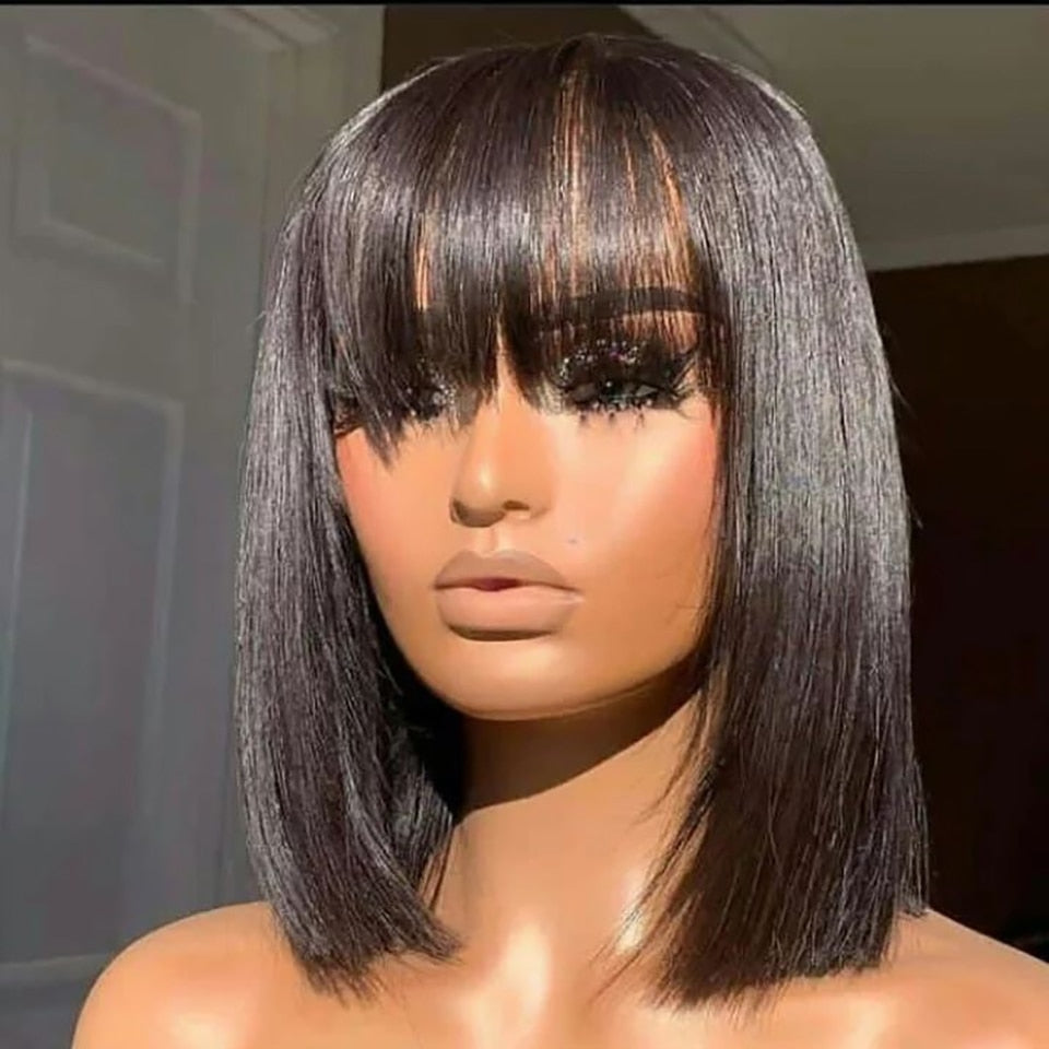 Short Bob Human Hair Wigs With Bang Full Machine Made Straight Bob Wig Brazilian Remy Human Hair Wigs For Black Woman 10 12 inch
