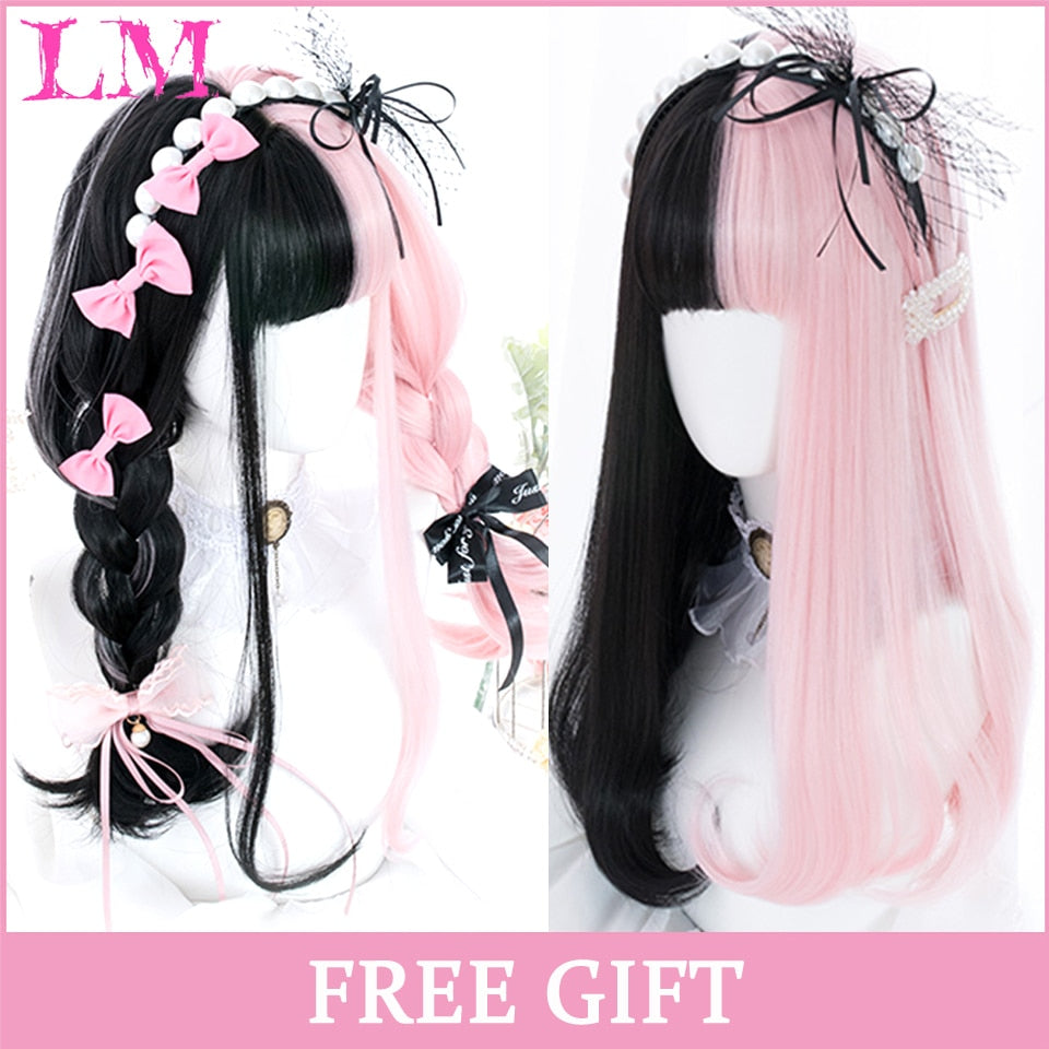 Cosplay Wig With Bangs Synthetic Straight Hair 24 Inch Long Heat-Resistant Pink Wig For Women