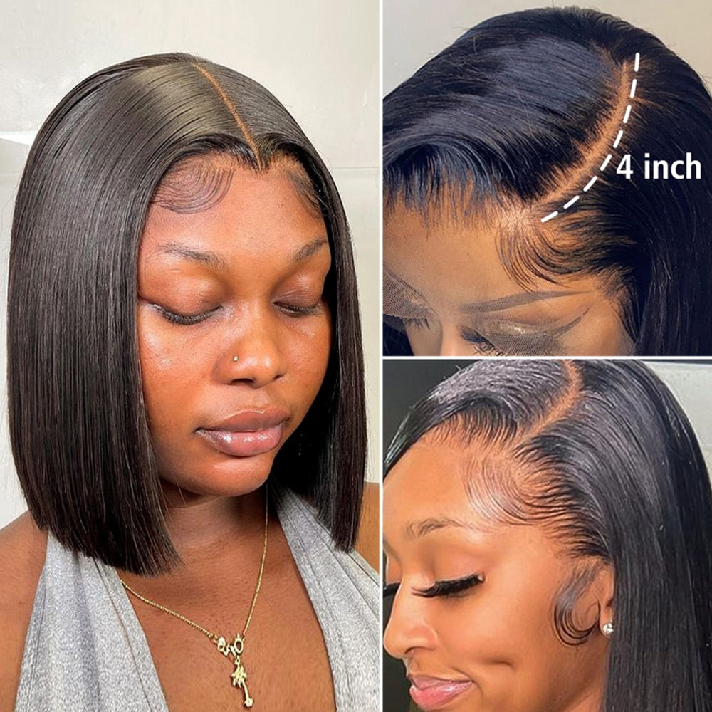 Peluca de cabello humano liso para mujer、postizo de encaje Frontal、corte Bob、pelo Remy brasileño predespuntado