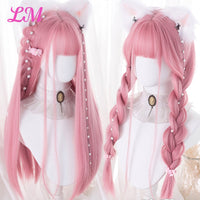 Cosplay Wig With Bangs Synthetic Straight Hair 24 Inch Long Heat-Resistant Pink Wig For Women