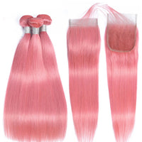 Pink Bundles With Closure Peruvian Colored Human Hair Bundles With Closure
