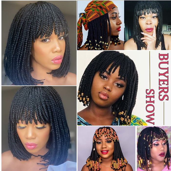 Short Braided Wigs For Black Women Heat Resistant Crochet Box Braided Bob Wig With Bangs