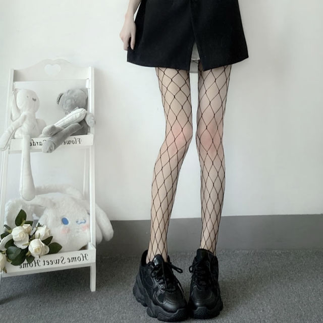Black Medium Grid Sexy Women High Waist Stocking Fishnet Club Tights Knitting Net Pantyhose Mesh Anime Lolita JK Cosplay Costume