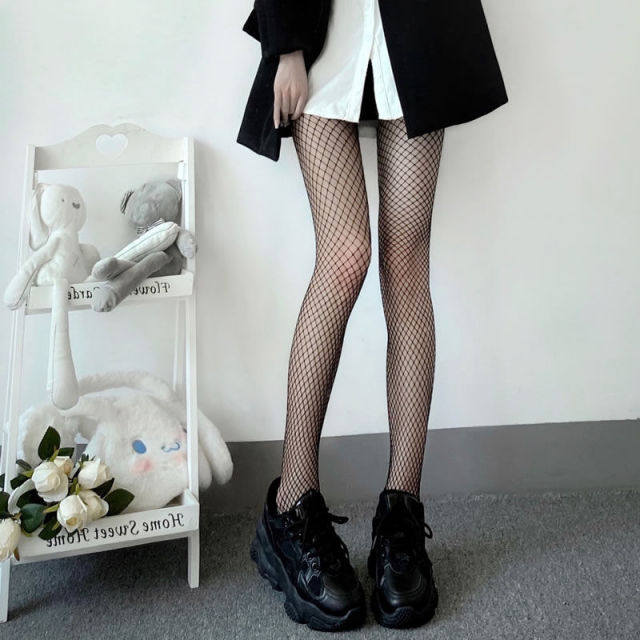 Black Medium Grid Sexy Women High Waist Stocking Fishnet Club Tights Knitting Net Pantyhose Mesh Anime Lolita JK Cosplay Costume
