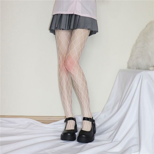 Black Medium Grid Sexy Women High Waist Stocking Fishnet Club Tights Knitting Net Pantyhose Mesh Anime Lolita JK Cosplay Costume