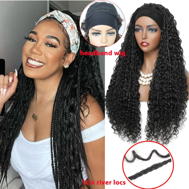 24 Inch Headband Wig Braided Wigs With Curly Faux Locs Crochet Braid Hair