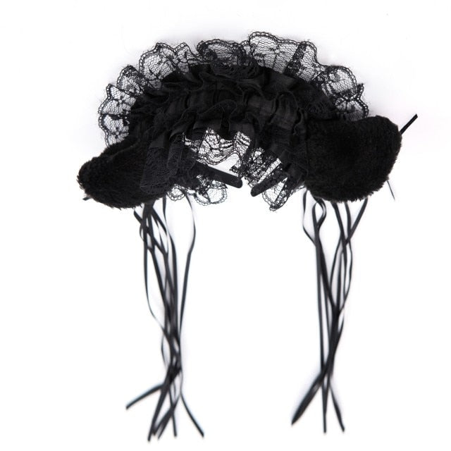 Gothic Lolita Maid Women Girl's Ruffles Lace Headband Plush Cat Ears Ribbon Bell Lolita Cosplay Hair Hoop