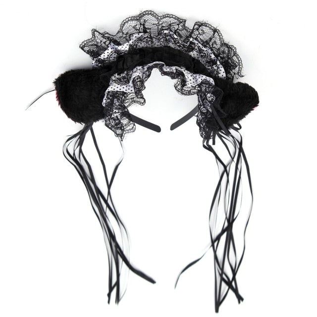 Gothic Lolita Maid Women Girl's Ruffles Lace Headband Plush Cat Ears Ribbon Bell Lolita Cosplay Hair Hoop