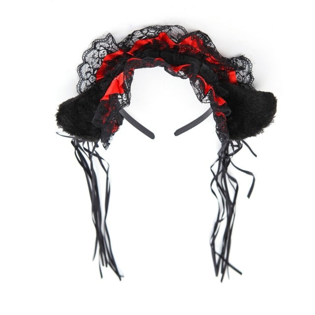 Gothic Lolita Maid Women Girl's Ruffles Lace Headband Plush Cat Ears Ribbon Bell Lolita Cosplay Hair Hoop