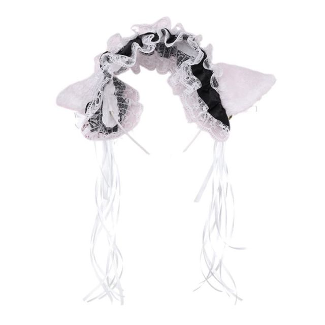 Gothic Lolita Maid Women Girl's Ruffles Lace Headband Plush Cat Ears Ribbon Bell Lolita Cosplay Hair Hoop