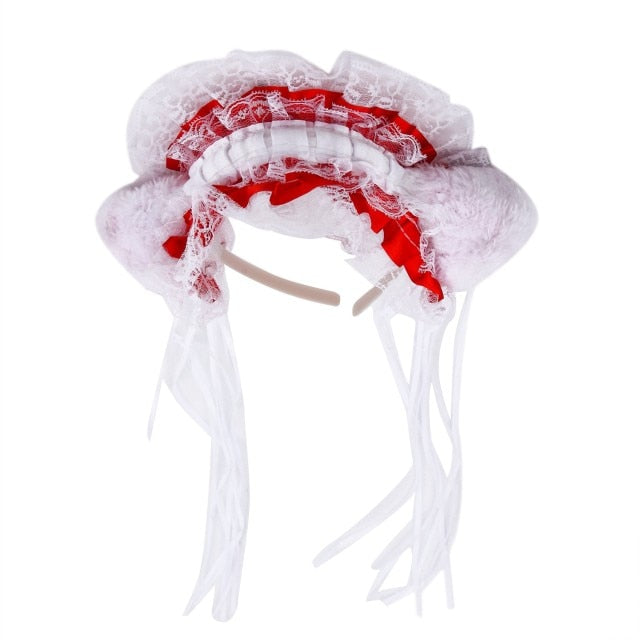Gothic Lolita Maid Women Girl's Ruffles Lace Headband Plush Cat Ears Ribbon Bell Lolita Cosplay Hair Hoop