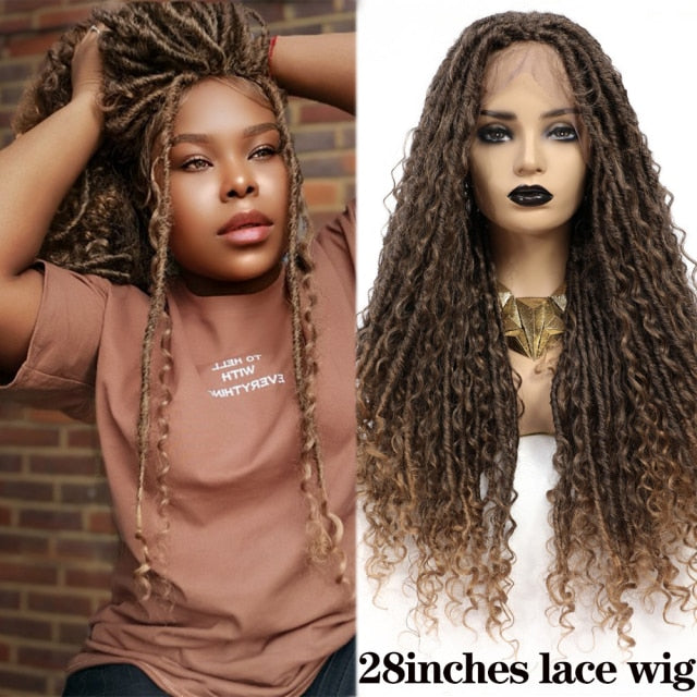 Faux Locs Synthetic Wigs Straight Mix Curly Barids Ombre Brown Colored Crochet Braids Wig For Black Women Soft Dreadlock
