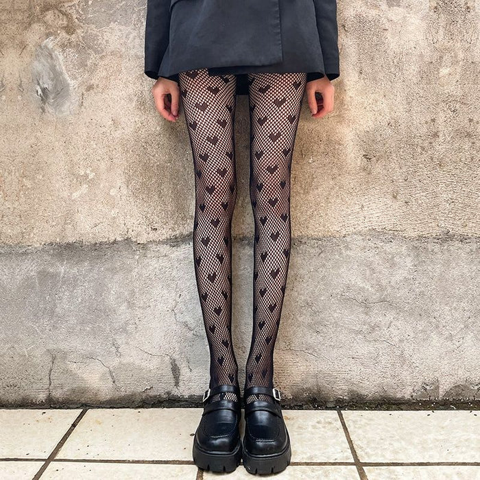 Lolita Cute Anime Black Love Print Tights Gothic Women Sexy Punk Lolita Dark Fishnet Mesh Goth Pantyhose Costumes Body Stockings