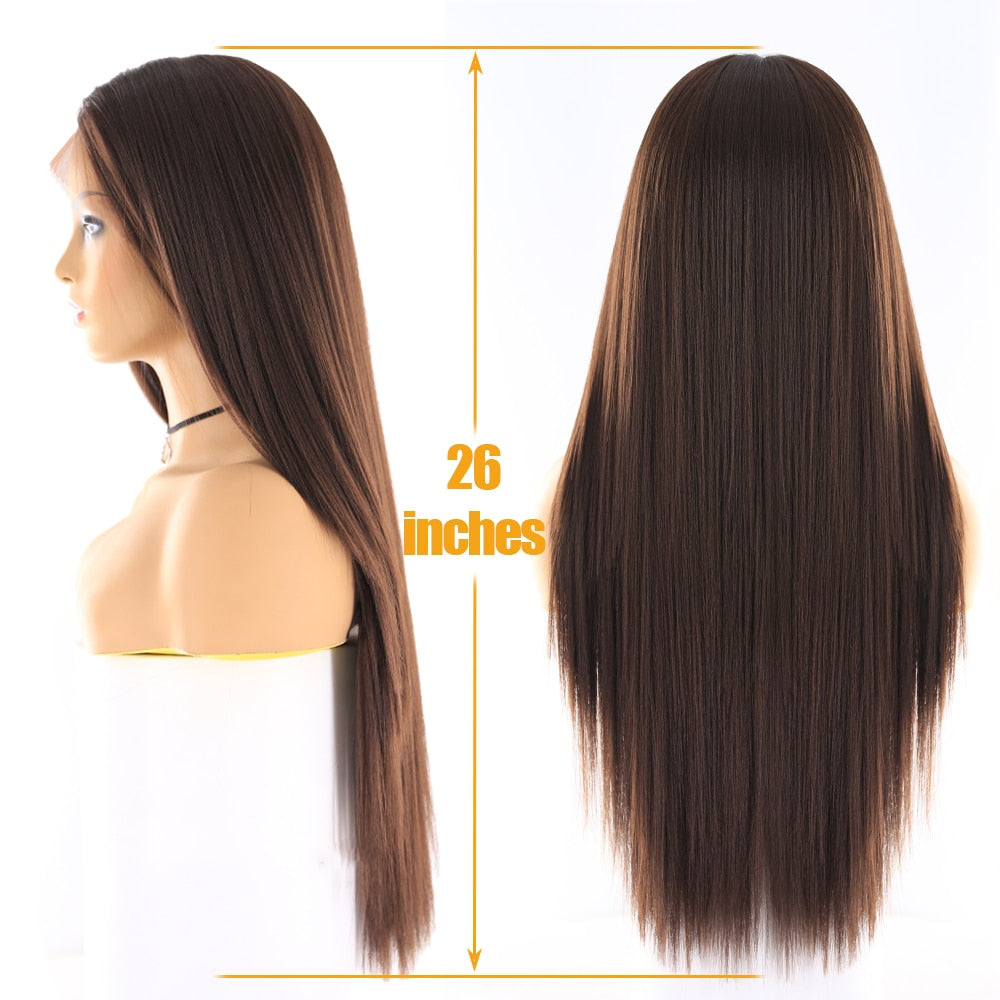 Yaki Straight Hair Synthetic Lace Front Wig For Black Women Light Brown Color Long