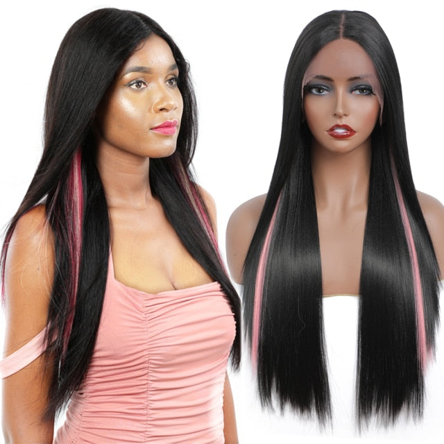 Yaki Straight Hair Synthetic Lace Front Wig For Black Women Light Brown Color Long