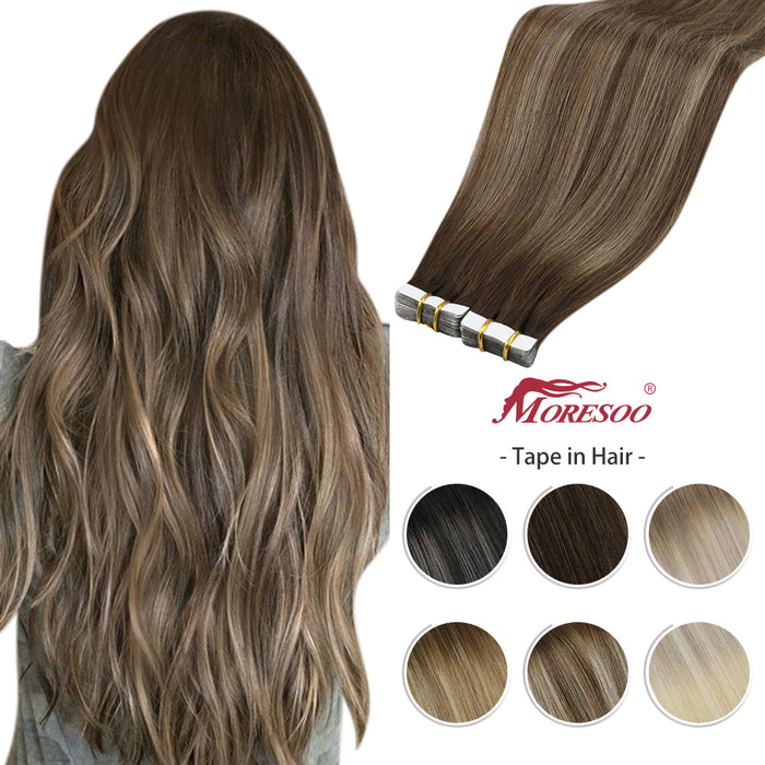 Tape in Hair Extension Balayage Ombre Machine Remy Real Human Hair Invisible Seamless PU Skin Weft Straight