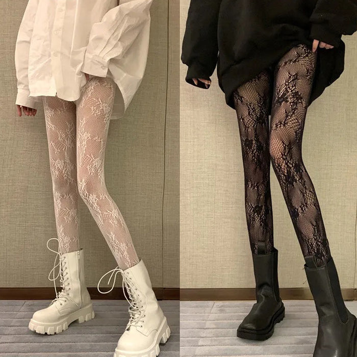 Classic Lolita Hollowed Out Lace Mesh Stockings Bottomed Pantyhose Japanese Lolita Retro Floral Rattan White Stocking Hot Tights