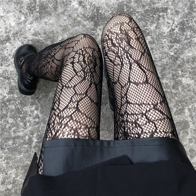 Classic Lolita Hollowed Out Lace Mesh Stockings Bottomed Pantyhose Japanese Lolita Retro Floral Rattan White Stocking Hot Tights