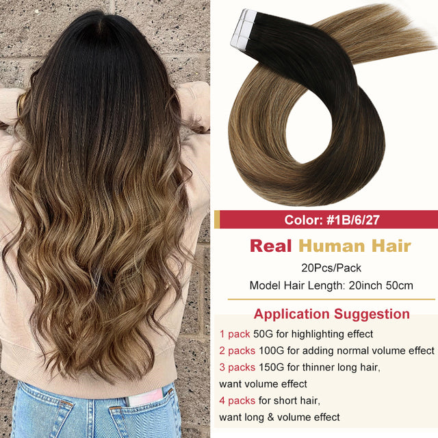 テープインヘアエクステンションバレイヤージュオンブルマシンレミー本物の人毛目に見えないシームレス PU スキン横糸ストレート