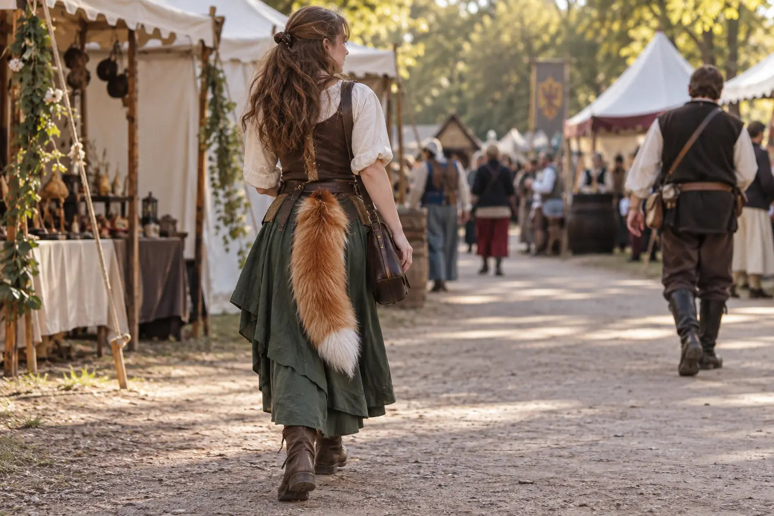 Young adult wearing a 60 cm orange and white faux fur fox tail at a renaissance fair