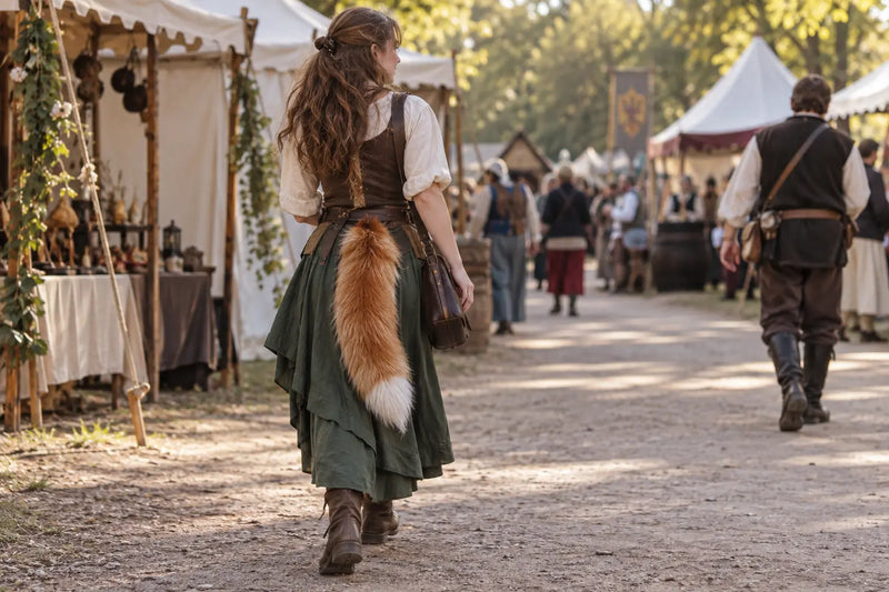 Young adult wearing a 60 cm orange and white faux fur fox tail at a renaissance fair