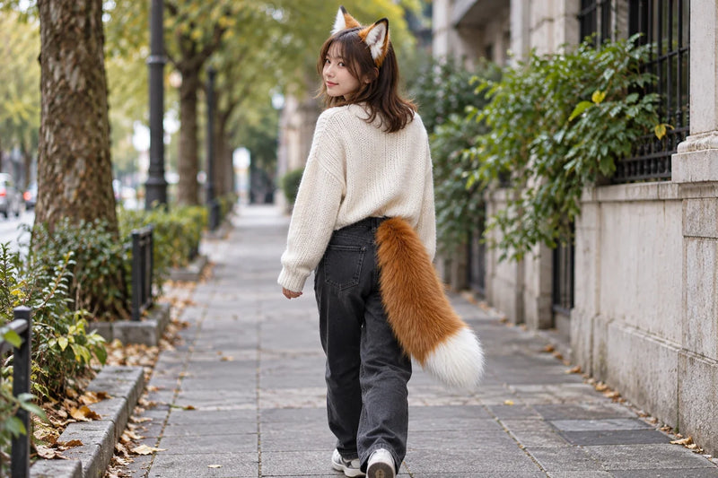Fox ears and a white-tipped faux-fur tail styled with a cream sweater and dark jeans on an autumn street.