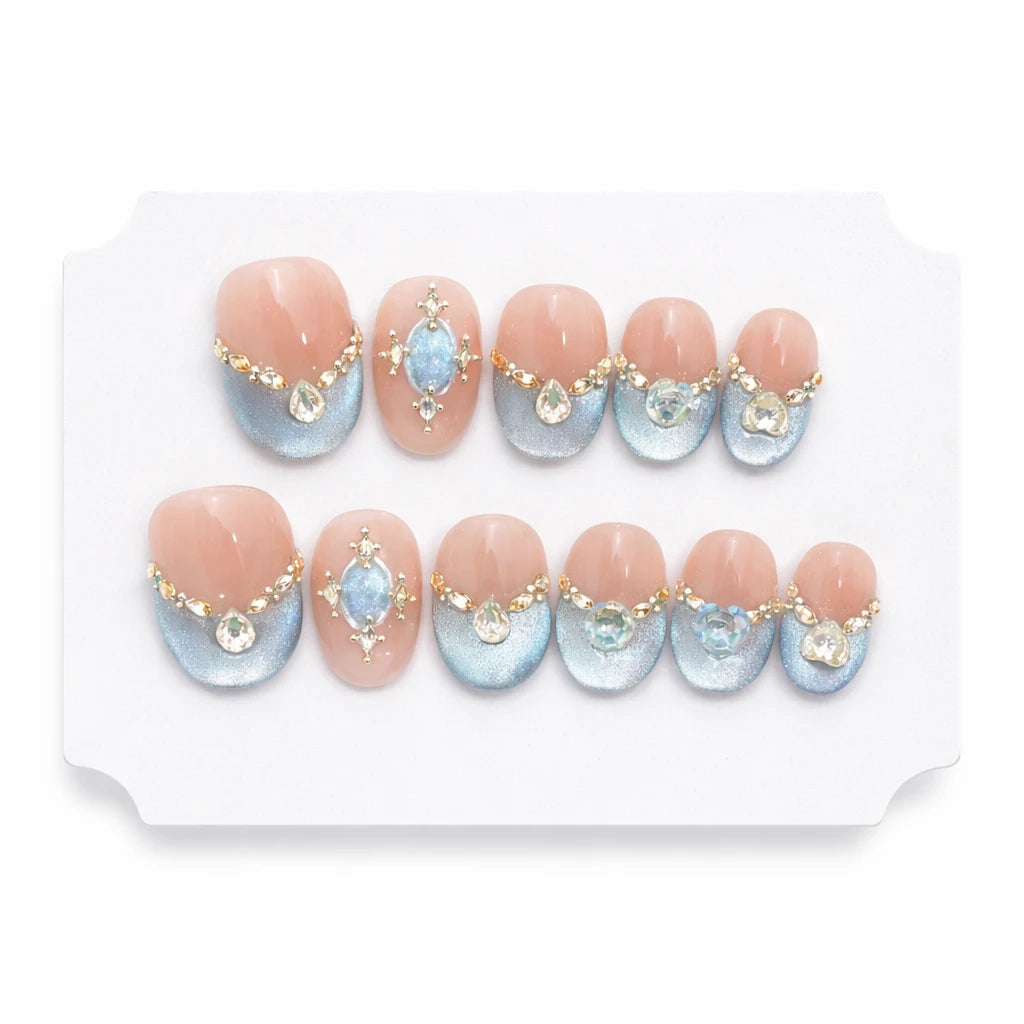10pcs Blue Nude Cat Eye Press-On Nails, Short Almond Shiny Finish with Rhinestone Accent