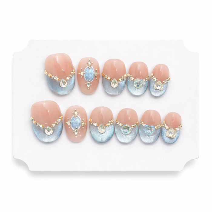 10pcs Blue Nude Cat Eye Press-On Nails, Short Almond Shiny Finish with Rhinestone Accent