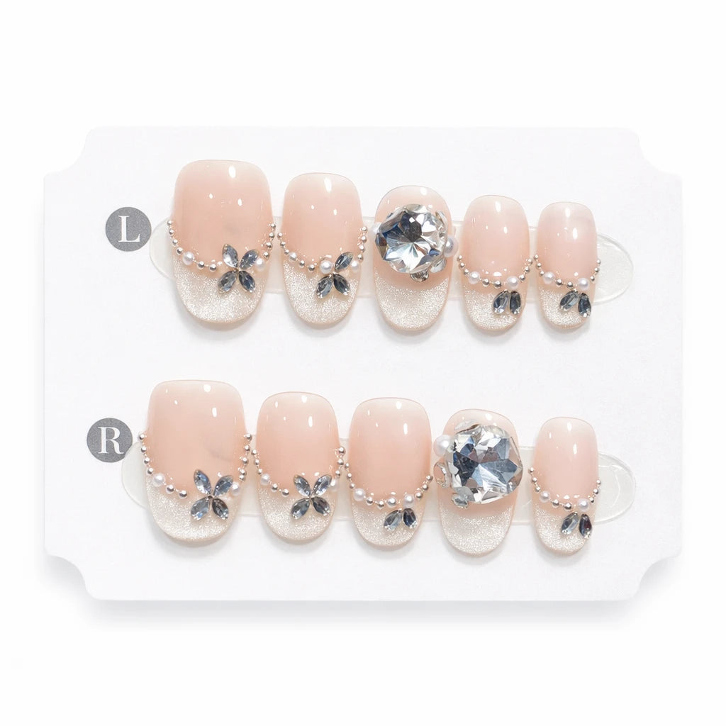 10pcs Blue Nude Cat Eye Press-On Nails, Short Almond Shiny Finish with Rhinestone Accent