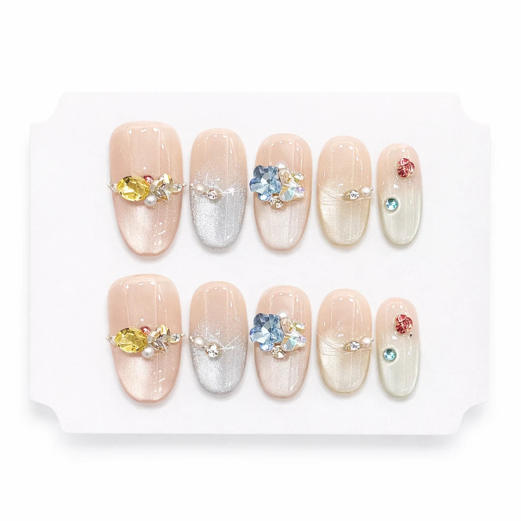 10pcs Blue Nude Cat Eye Press-On Nails, Short Almond Shiny Finish with Rhinestone Accent