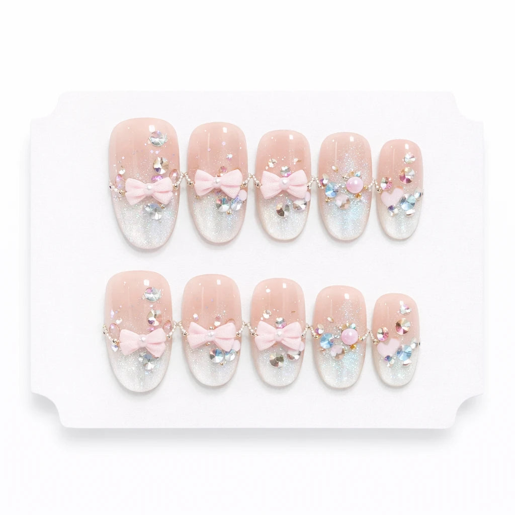 10pcs Blue Nude Cat Eye Press-On Nails, Short Almond Shiny Finish with Rhinestone Accent