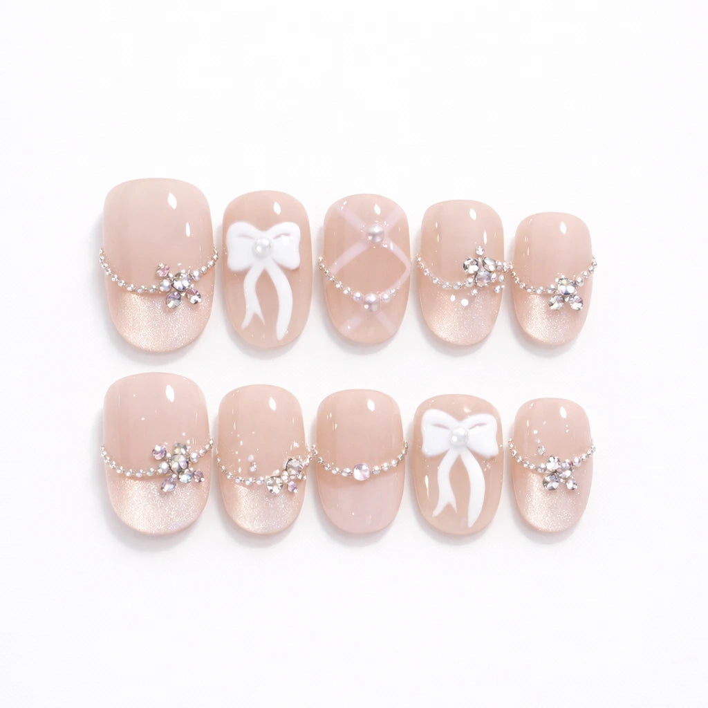10pcs Blue Nude Cat Eye Press-On Nails, Short Almond Shiny Finish with Rhinestone Accent