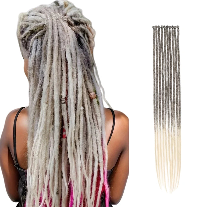 10-Strands Ombre Synthetic Dreadlock Braids – Pre-Looped Crochet Hair Extensions (Black-Grey-Purple / Multi-Color) – Lightweight Protective Locs