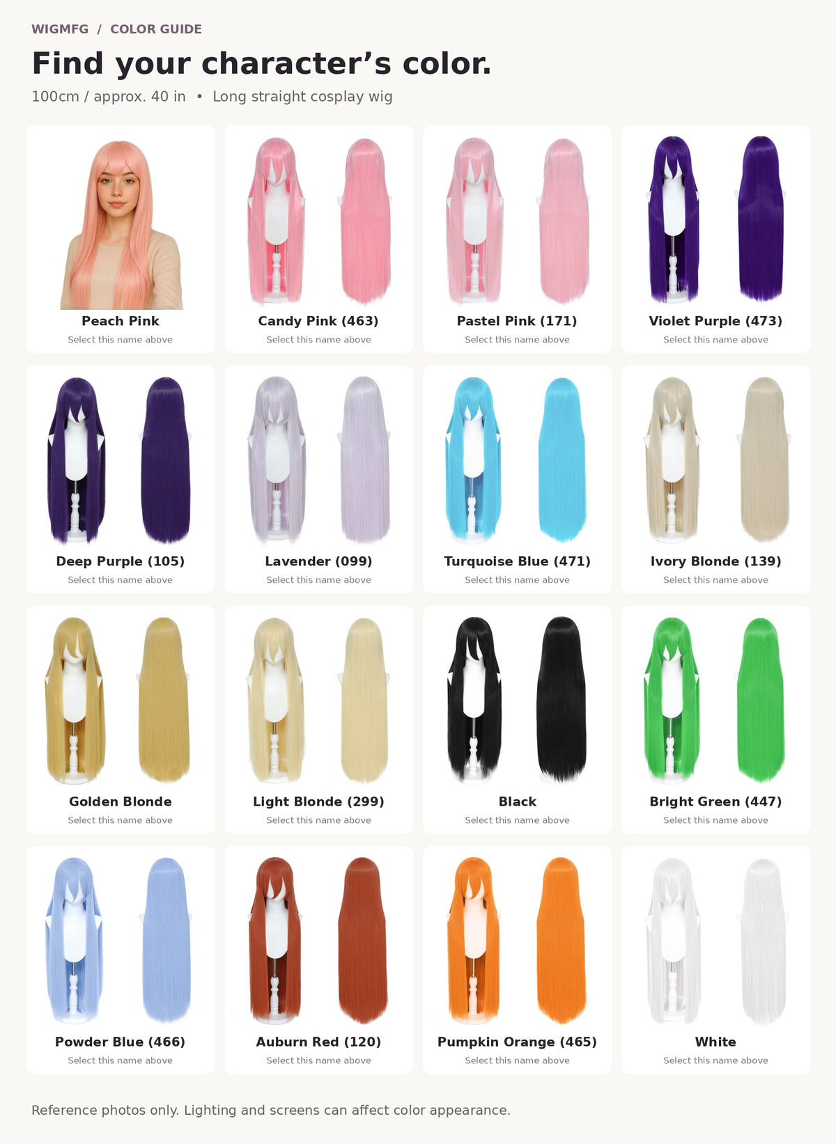 16 color reference guide for the 100cm long straight cosplay wig