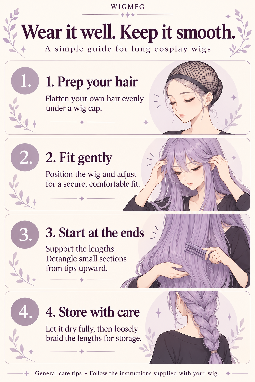 Illustrated fitting and care guide for long synthetic cosplay wigs