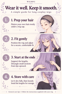 Illustrated fitting and care guide for long synthetic cosplay wigs