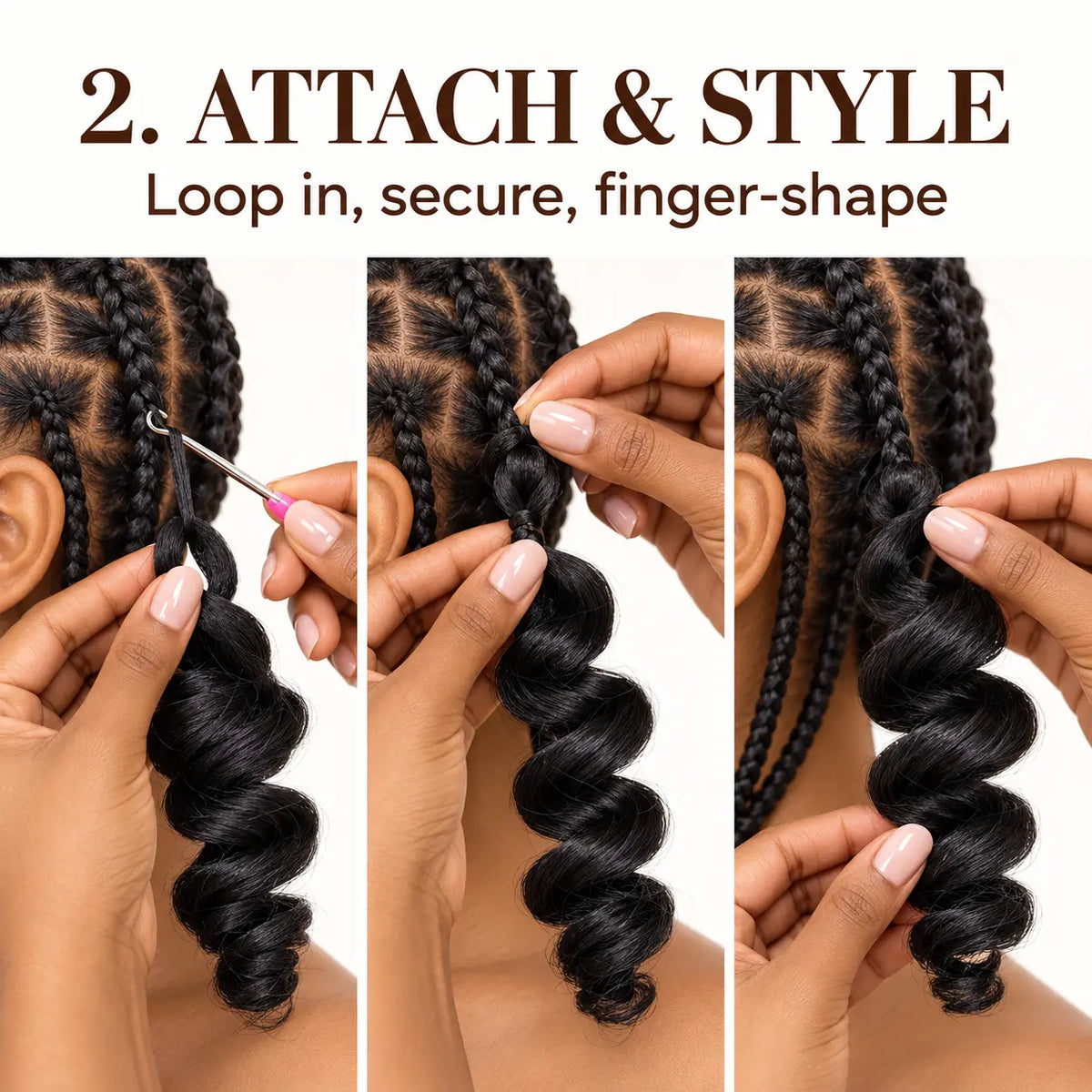 French curl braiding hair installation step 2 attach and style