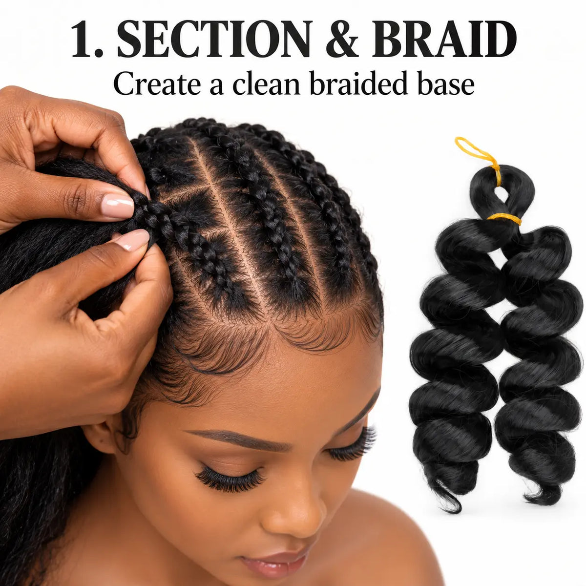 French curl braiding hair installation step 1 section and braid