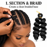 French curl braiding hair installation step 1 section and braid
