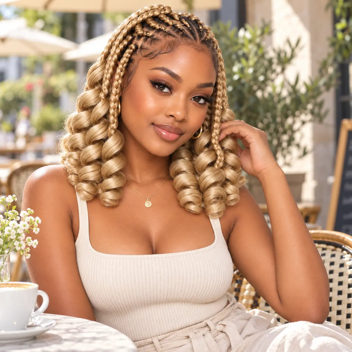 Honey Blonde short French curl braids lifestyle look