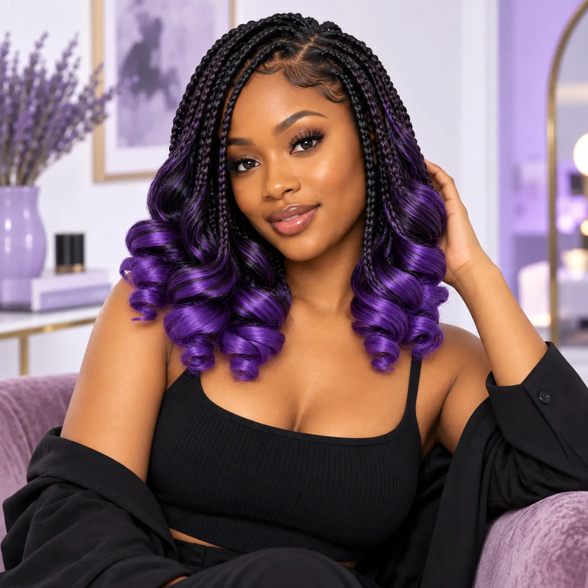 Black to Purple Ombre short French curl braids lifestyle look