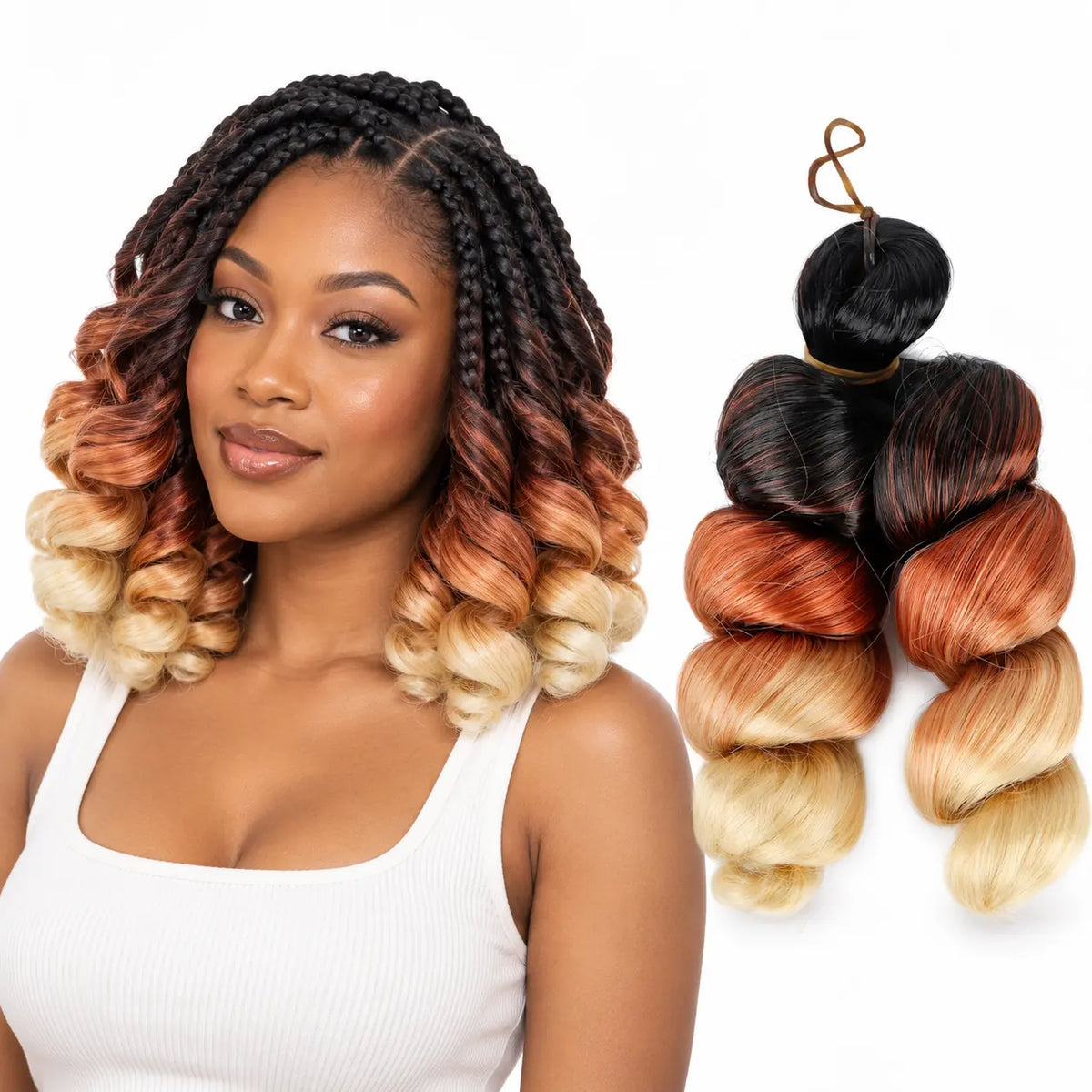 12-inch short French curl braiding hair in Black to Copper and Blonde Ombre