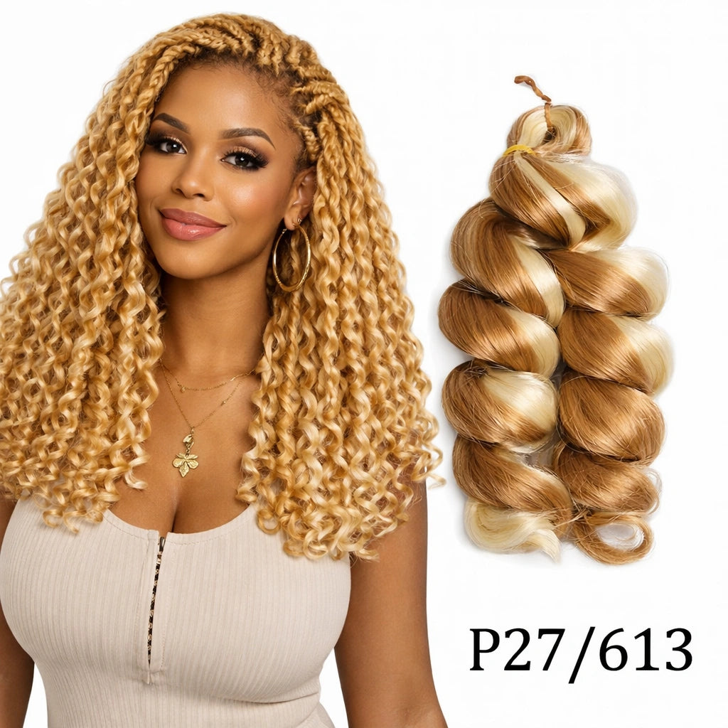 Woman with styled hair next to a bundle of blonde hair extensions labeled P27/613.