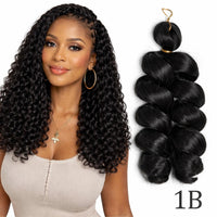 Woman with styled hair and a bundle of black hair extensions on a white background