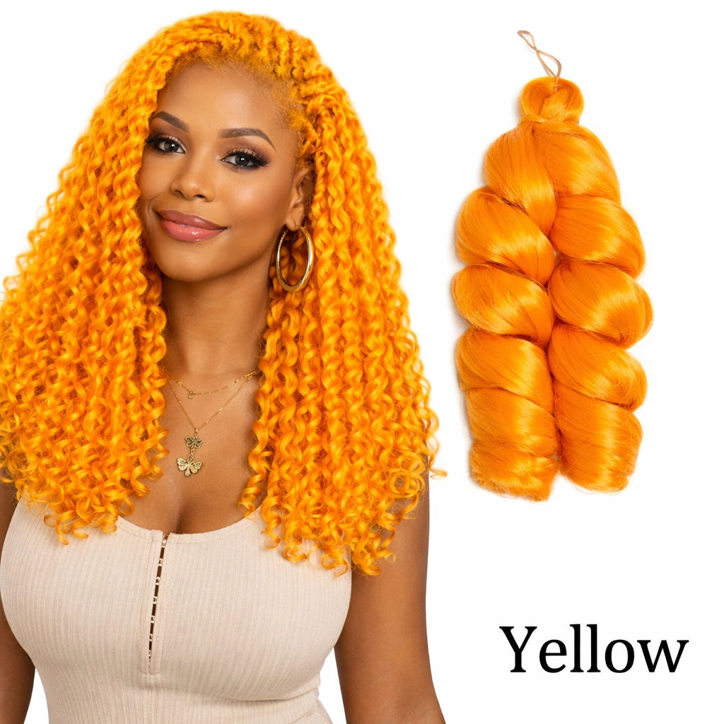 Woman with bright orange hair and a bundle of yellow hair extensions on a white background.